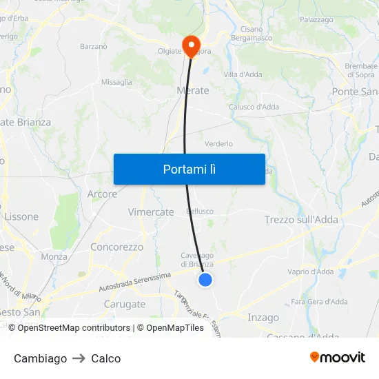Cambiago to Calco map