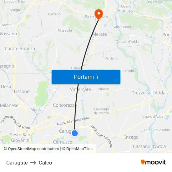 Carugate to Calco map