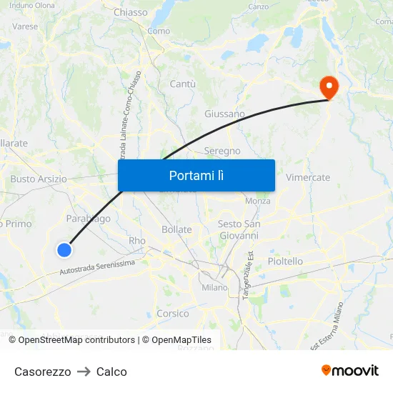 Casorezzo to Calco map