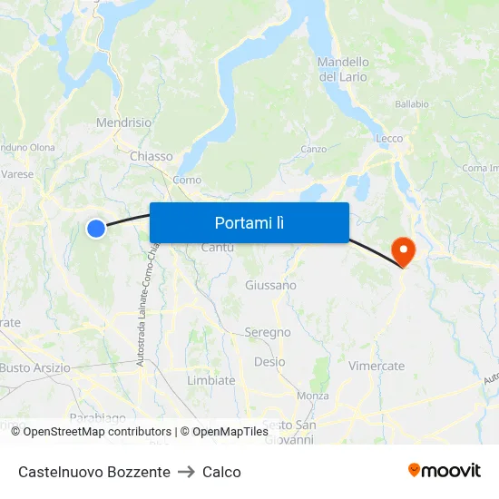 Castelnuovo Bozzente to Calco map