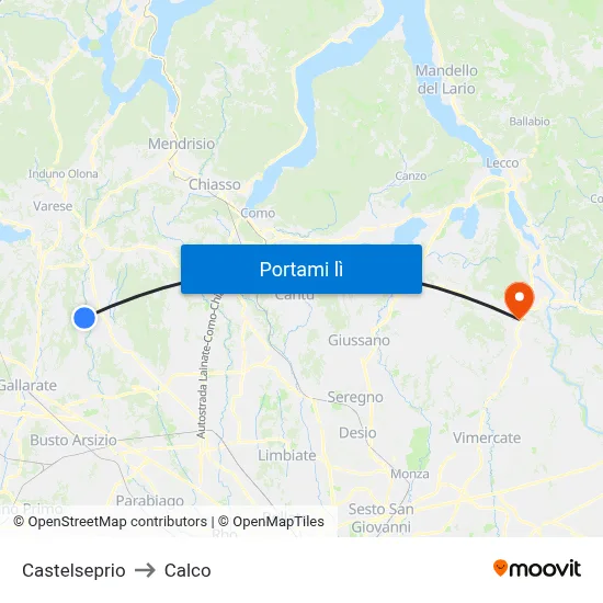 Castelseprio to Calco map