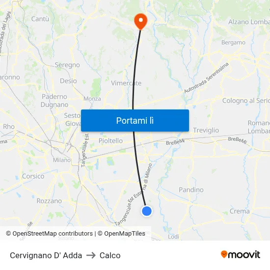 Cervignano D' Adda to Calco map