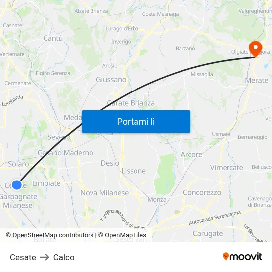 Cesate to Calco map
