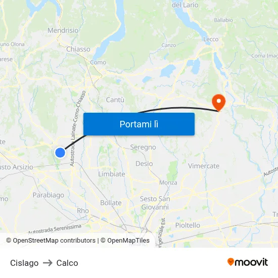 Cislago to Calco map