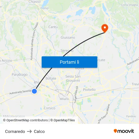 Cornaredo to Calco map