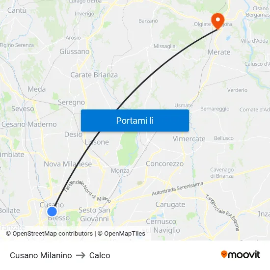 Cusano Milanino to Calco map