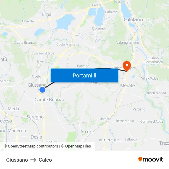Giussano to Calco map