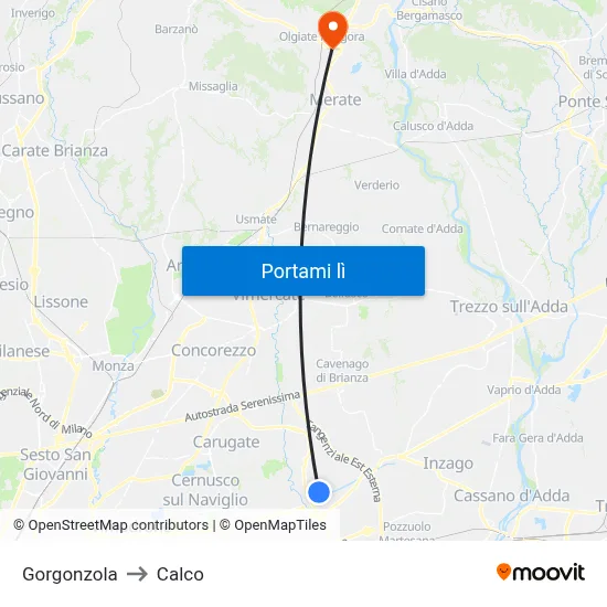 Gorgonzola to Calco map
