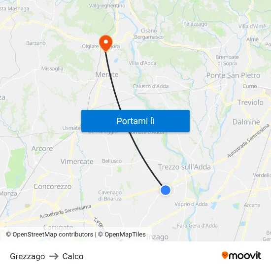 Grezzago to Calco map