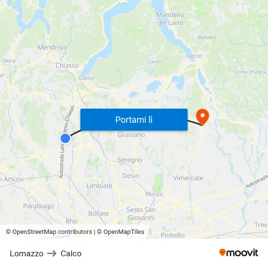 Lomazzo to Calco map