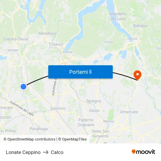 Lonate Ceppino to Calco map