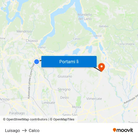 Luisago to Calco map