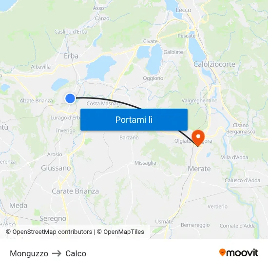 Monguzzo to Calco map