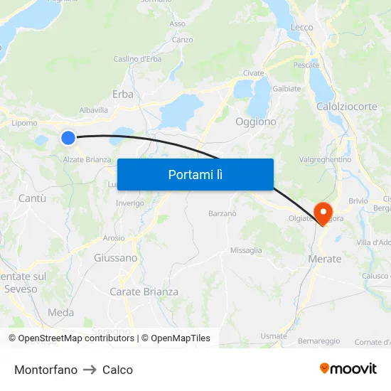 Montorfano to Calco map