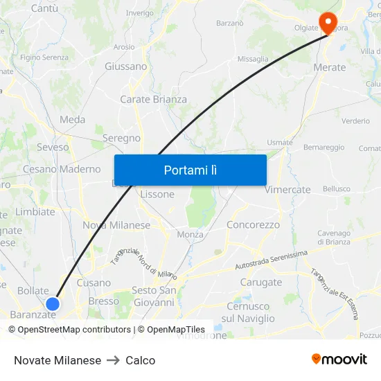 Novate Milanese to Calco map