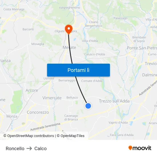 Roncello to Calco map