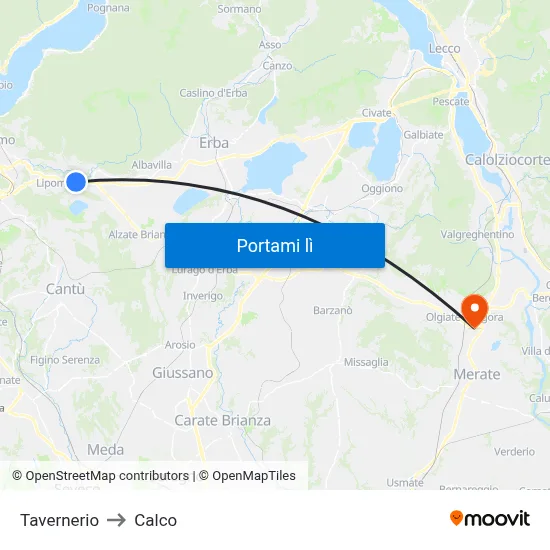 Tavernerio to Calco map