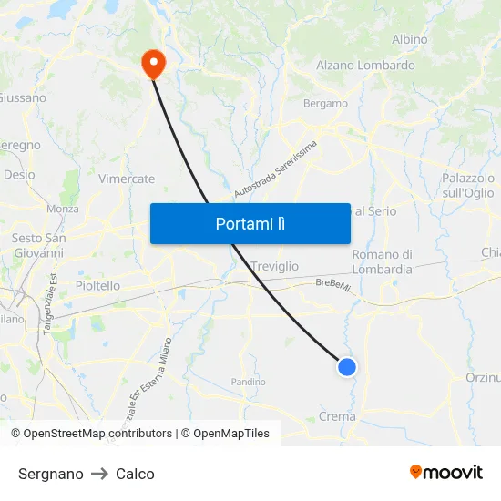 Sergnano to Calco map