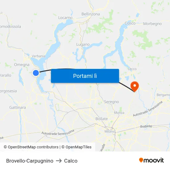 Brovello-Carpugnino to Calco map