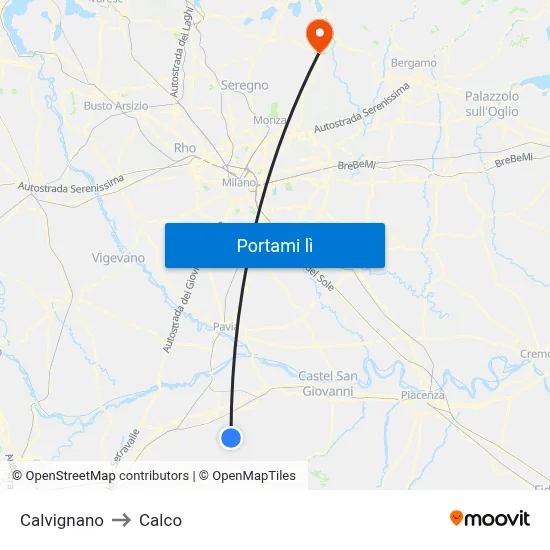 Calvignano to Calco map