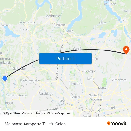 Malpensa Aeroporto T1 to Calco map
