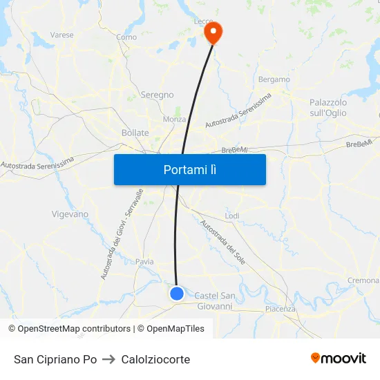 San Cipriano Po to Calolziocorte map