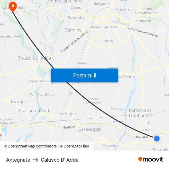 Antegnate to Calusco D' Adda map