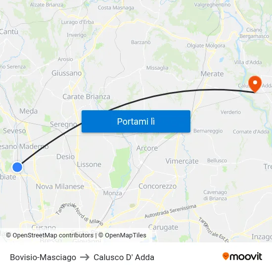 Bovisio-Masciago to Calusco D' Adda map