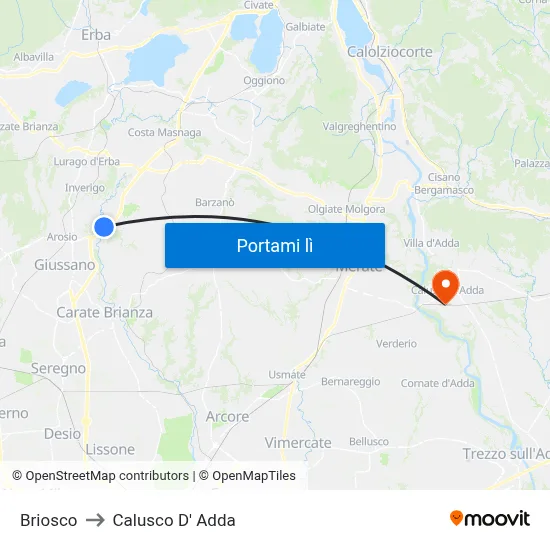 Briosco to Calusco D' Adda map