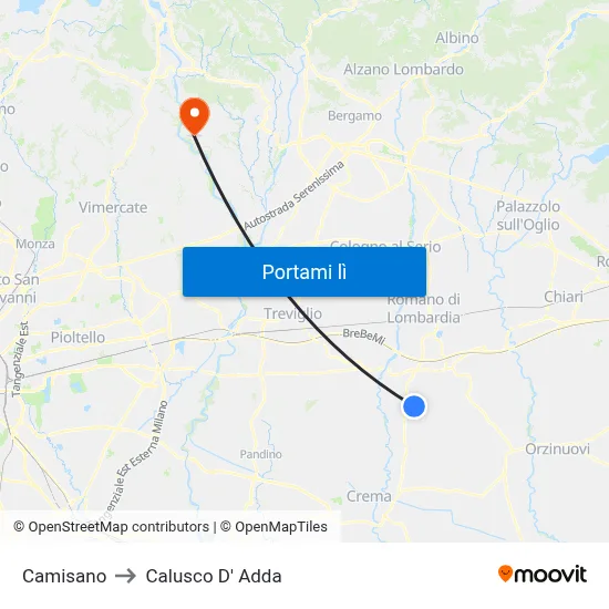 Camisano to Calusco D' Adda map