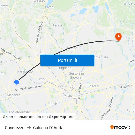 Casorezzo to Calusco D' Adda map