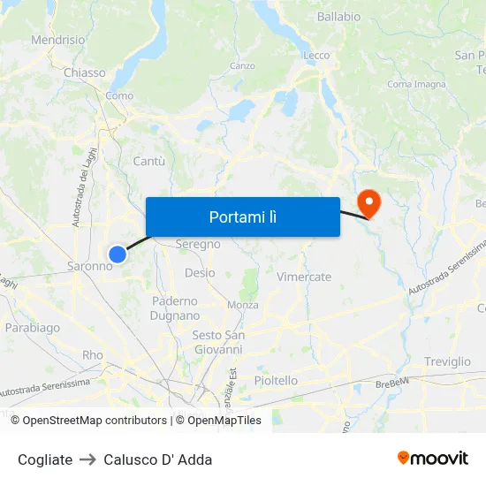 Cogliate to Calusco D' Adda map