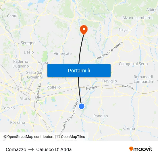 Comazzo to Calusco D' Adda map