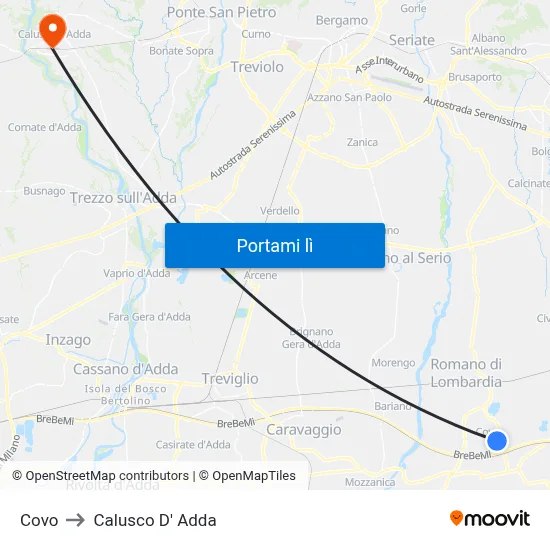 Covo to Calusco D' Adda map