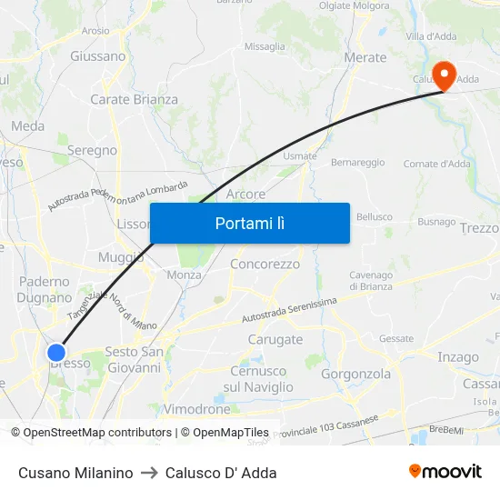 Cusano Milanino to Calusco D' Adda map