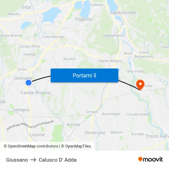 Giussano to Calusco D' Adda map