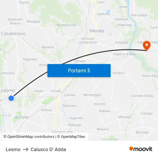 Lesmo to Calusco D' Adda map