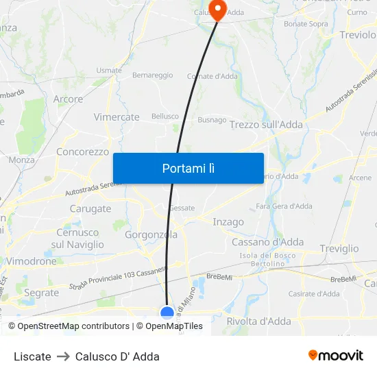 Liscate to Calusco D' Adda map