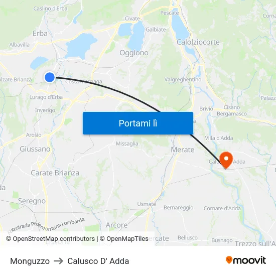 Monguzzo to Calusco D' Adda map