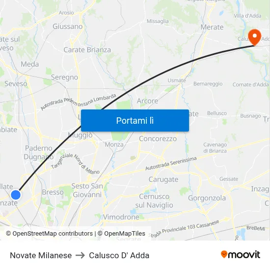 Novate Milanese to Calusco D' Adda map