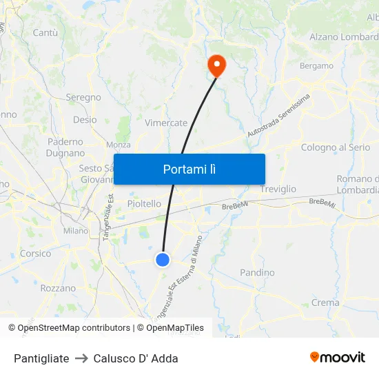 Pantigliate to Calusco D' Adda map