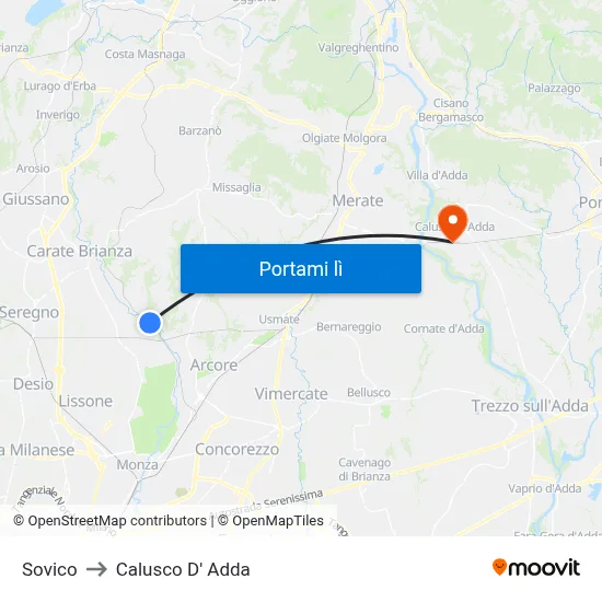 Sovico to Calusco D' Adda map