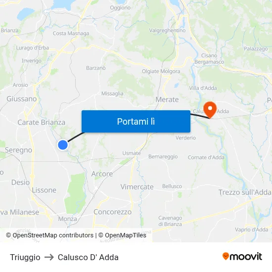 Triuggio to Calusco D' Adda map