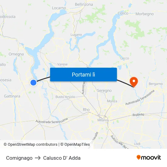 Comignago to Calusco D' Adda map