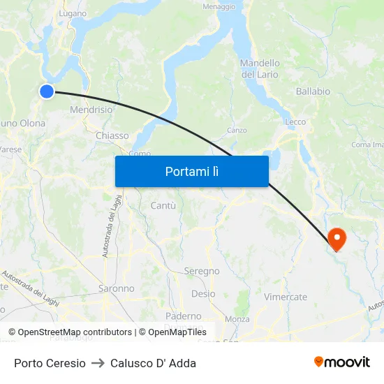 Porto Ceresio to Calusco D' Adda map