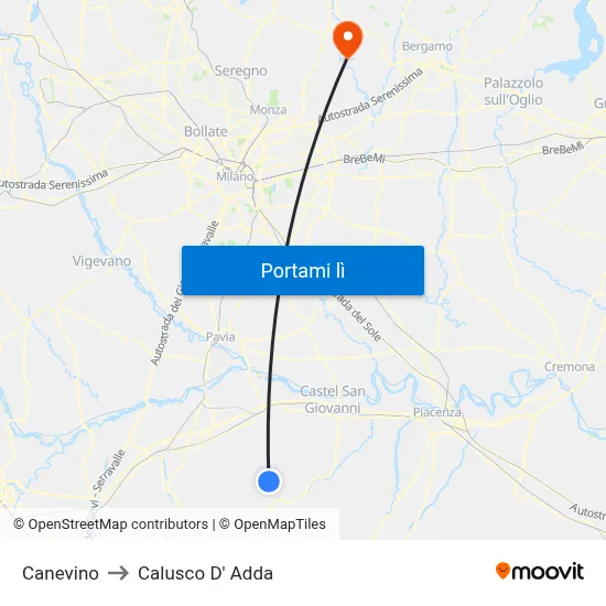 Canevino to Calusco D' Adda map