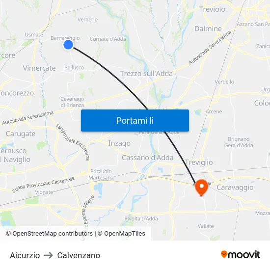 Aicurzio to Calvenzano map