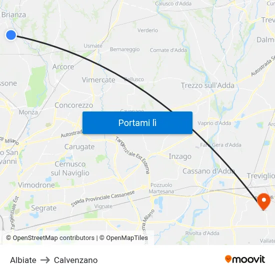 Albiate to Calvenzano map