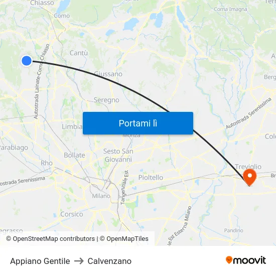 Appiano Gentile to Calvenzano map