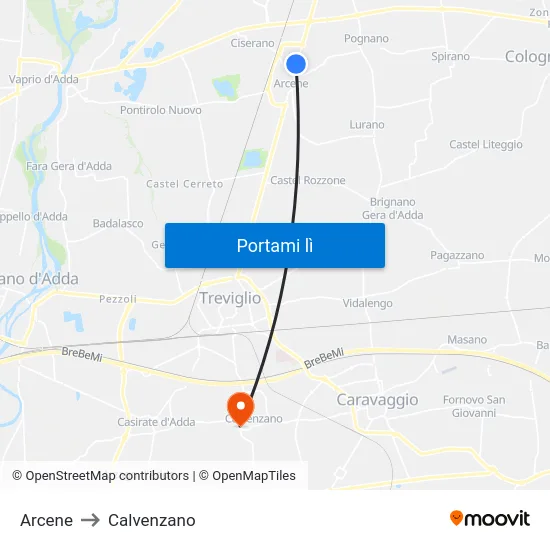 Arcene to Calvenzano map